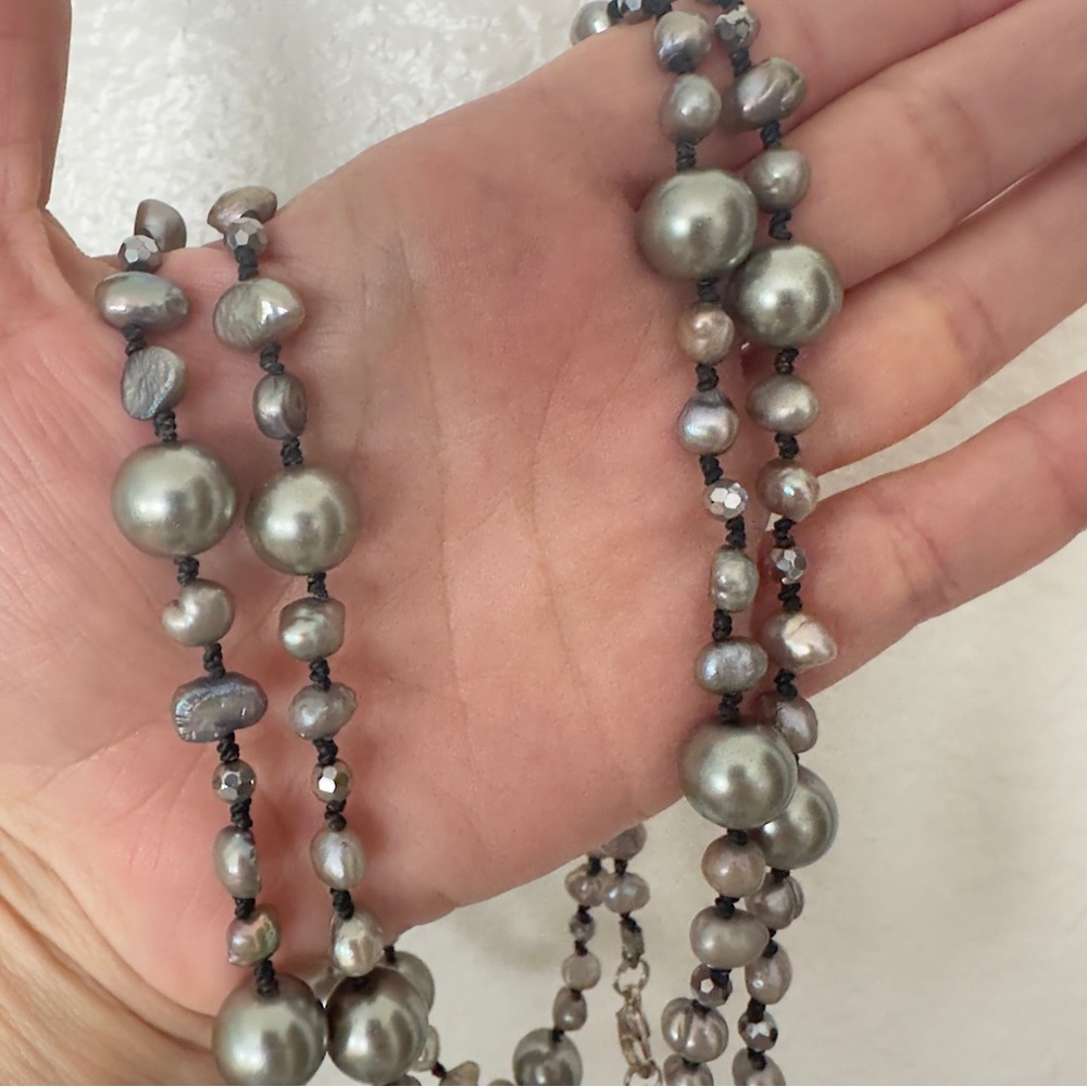 Elegant Silver Gray Hand Knotted Fresh Water Pearl Long Bead Nakamol Necklace